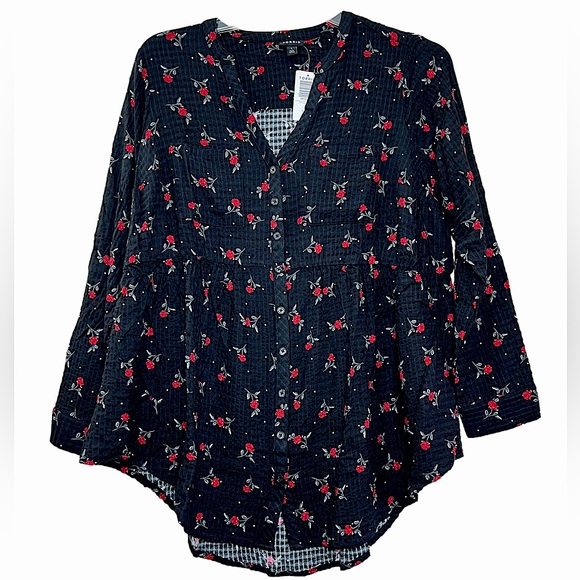 Host Pick NWT Torrid Emma black red floral crinkle long sleeve babydoll top 1X - Picture 4 of 11